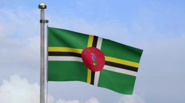 3D, Dominik bayrağı mavi gökyüzü ve bulutlarla rüzgarda dalgalanıyor. Dominica afişini yakın çekin, yumuşak ve pürüzsüz ipek. Kumaş kumaş dokusu. -Dan.