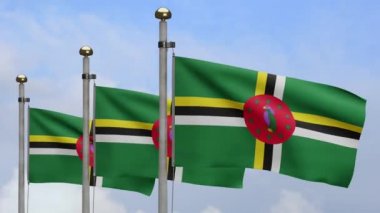 3D, Dominik bayrağı mavi gökyüzü ve bulutlarla rüzgarda dalgalanıyor. Dominica afişi, yumuşak ve pürüzsüz ipek. Kumaş kumaş dokusu, Asteğmen. Ulusal gün ve ülke etkinlikleri - Dan