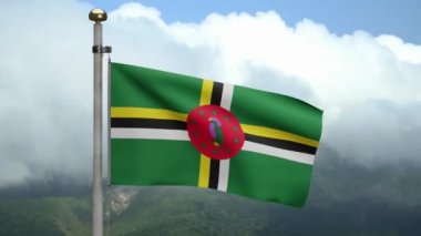 Üç boyutlu, Dominik bayrağı dağda rüzgarda dalgalanıyor. Dominica afişi, yumuşak ve pürüzsüz ipek. Kumaş kumaş dokusu, Asteğmen. Bunu ulusal gün ve ülke etkinlikleri için kullan - Dan