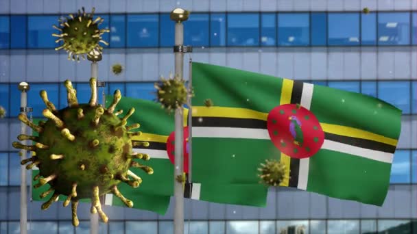 Griep Coronavirus Zwevend Dominicaanse Vlag Met Moderne Wolkenkrabber Stad Dominica — Stockvideo