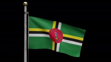 Dominik bayrağının rüzgarda dalgalanan 3 boyutlu alfa kanalı. Dominica afişini yakın çekin, yumuşak ve pürüzsüz ipek. Kumaş kumaş dokusu. -Dan.