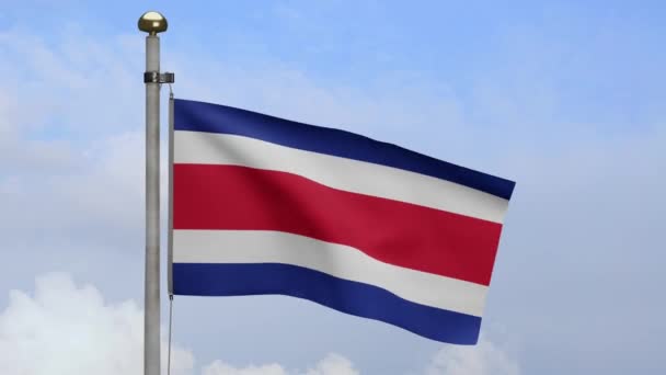 Флаг Коста Рики Машущий Ветру Голубым Небом Облаками Закрыть Баннер — стоковое видео