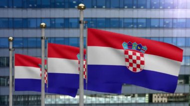 Modern gökdelen kentiyle rüzgarda dalgalanan 3 boyutlu Hırvat bayrağı. Hırvatistan 'ın afişi pürüzsüz ipek. Kumaş kumaş dokusu, Asteğmen. Bunu ulusal gün ve ülke etkinlikleri için kullan.