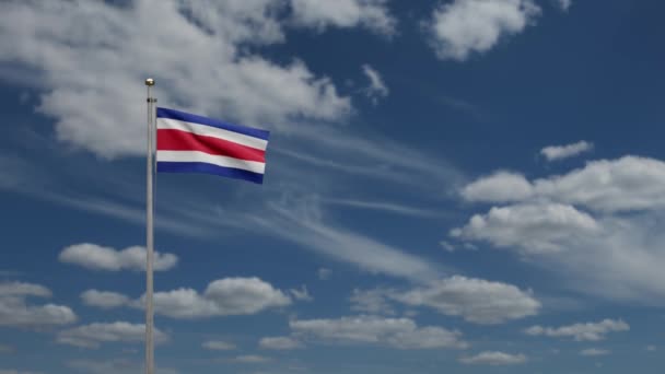 Costa Rica Vlag Zwaaiend Wind Met Blauwe Lucht Wolken Close — Stockvideo