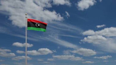 3D, Libya bayrağı mavi gökyüzü ve bulutlarla rüzgarda dalgalanıyor. Libya bayrağını yakın çekin, yumuşak ve pürüzsüz ipek. Kumaş kumaş dokusu Asteğmen arkaplan.