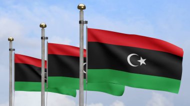 3D, Libya bayrağı mavi gökyüzü ve bulutlarla rüzgarda dalgalanıyor. Libya bayrağını yakın çekin, yumuşak ve pürüzsüz ipek. Kumaş kumaş dokusu Asteğmen arkaplan.