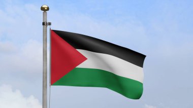 3D, Filistin bayrağı mavi gökyüzü ve bulutlarla rüzgarda dalgalanıyor. Filistin bayrağı yumuşak ipek gibi esecek. Kumaş kumaş dokusu, Asteğmen. Ulusal gün ve ülke etkinlikleri kavramı.