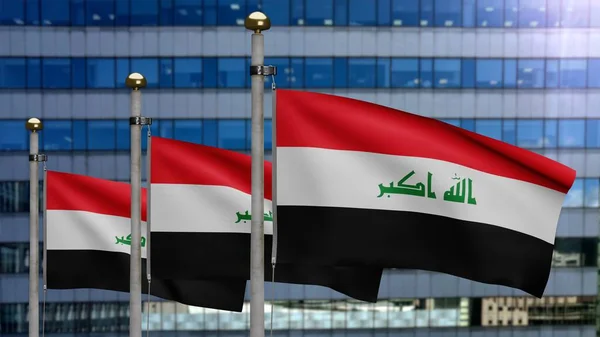 Bandera Iraquí Ondeando Viento Con Ciudad Rascacielos Moderna Bandera Irak — Foto de Stock