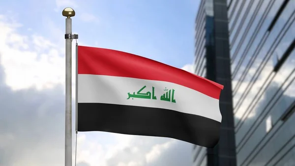 Irakische Flagge Weht Wind Mit Moderner Wolkenkratzerstadt Die Fahne Des — Stockfoto