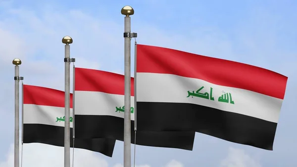 Bandera Iraquí Ondeando Viento Con Cielo Azul Nubes Primer Plano — Foto de Stock