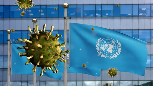 Flu Coronavirus Mengapung Atas Bendera Pbb Dengan Kota Pencakar Langit — Stok Foto