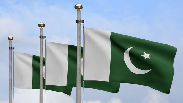 Pakistansk Flagga Viftar Vinden Med Blå Himmel Och Moln Närbild — Stockfoto
