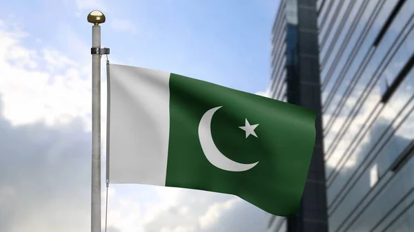 Pakistansk Flagga Viftar Vinden Med Modern Skyskrapa Stad Närbild Pakistan — Stockfoto