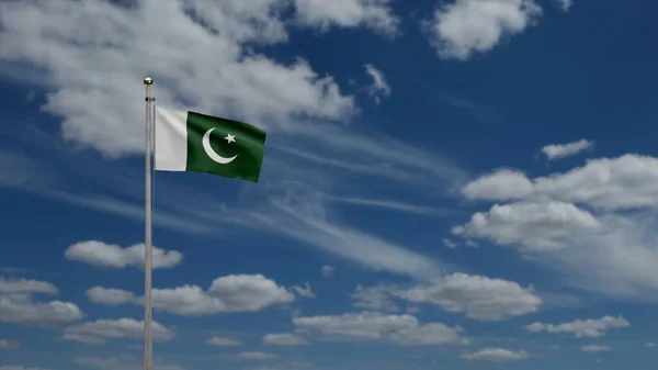 Pakistansk Flagga Viftar Vinden Med Blå Himmel Och Moln Närbild — Stockfoto