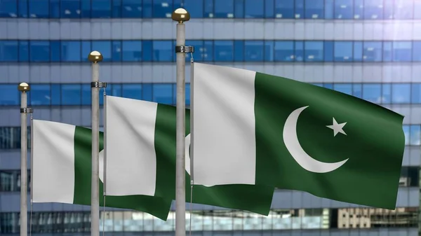 Pakistansk Flagga Viftar Vinden Med Modern Skyskrapa Stad Pakistan Banderoll — Stockfoto