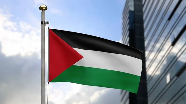 Palestinian Flag Waving Wind Modern Skyscraper City Palestine Banner Blowing — Stock Photo, Image