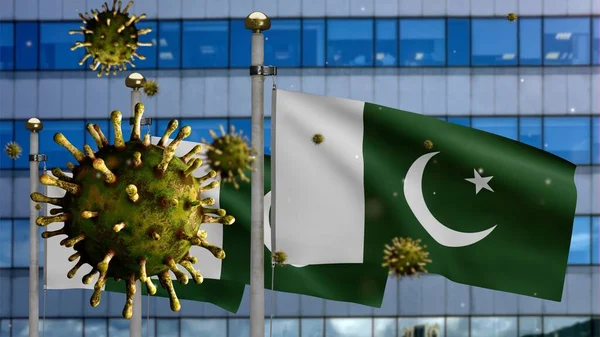 Influensa Coronavirus Som Svävar Över Pakistansk Flagga Med Modern Skyskrapa — Stockfoto