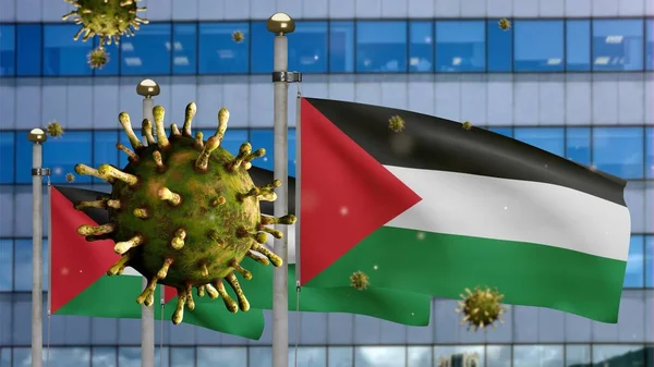 Flu Coronavirus Floating Palestinian Flag Modern Skyscraper City Palestine Banner — Stock Photo, Image