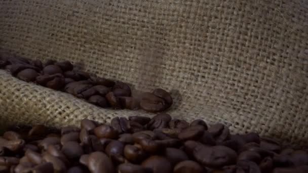Slow Motion Rostade Kaffebönor Faller Säck Café Bakgrunden Dan — Stockvideo