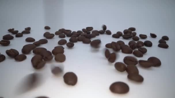 白い背景に落ちる焙煎コーヒー豆のスローモーション — ストック動画