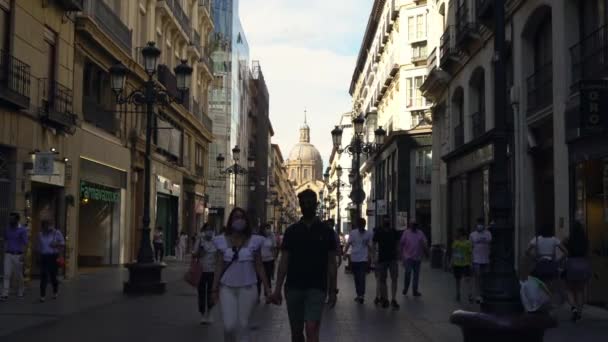 Zaragoza Spain May 2021 People Strolling Alfonso Street View Cathedral — Stock Video