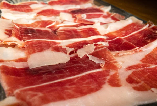 Primer Plano Rodajas Cerdo Seco Español También Conocido Como Jamon — Foto de Stock