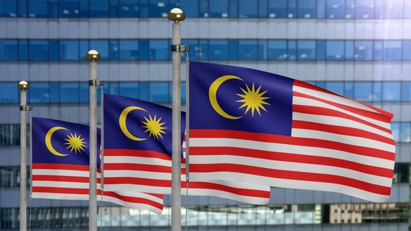 Malaysiska Flaggan Viftar Vinden Med Modern Skyskrapa Stad Malaysia Banner — Stockfoto