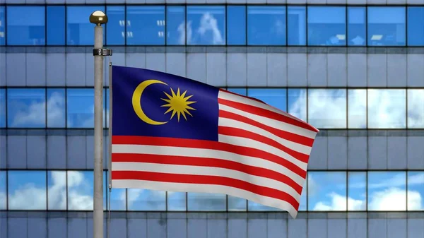 Malaysiska Flaggan Viftar Vinden Med Modern Skyskrapa Stad Närbild Malaysia — Stockfoto