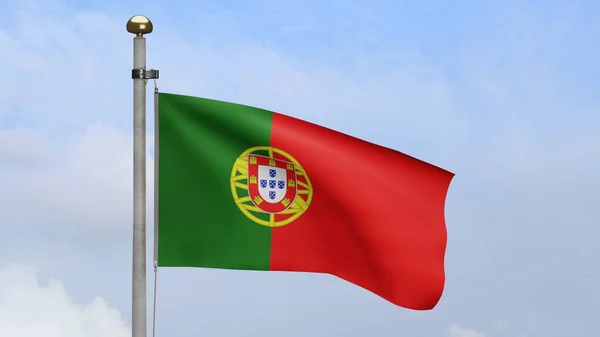 Portuguese Flag Waving Wind Blue Sky Clouds Portugal Banner Blowing — Stock Photo, Image