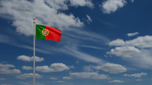Portugalska Flaga Machająca Wietrze Błękitnym Niebem Chmurami Zbliżenie Portugalii Baner — Zdjęcie stockowe