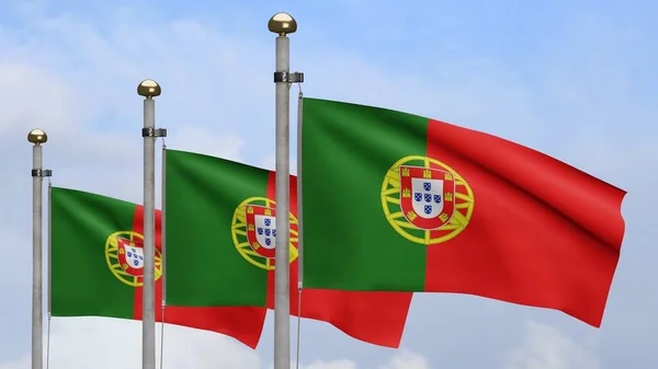 Portekiz Bayrağı Mavi Gökyüzü Bulutlarla Rüzgarda Dalgalanıyor Portekiz Afişini Yakın — Stok fotoğraf