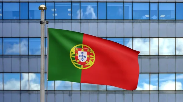 Bandera Portuguesa Ondeando Viento Con Ciudad Rascacielos Modernos Primer Plano — Foto de Stock