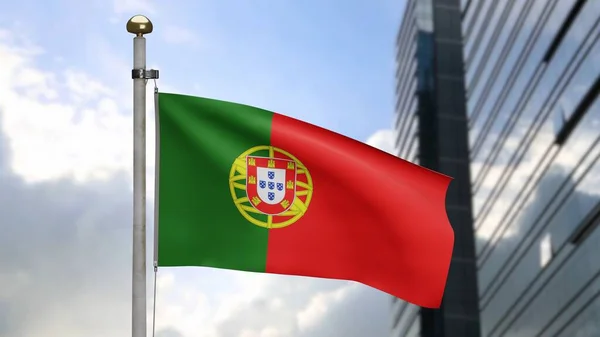 Bandera Portuguesa Ondeando Viento Con Ciudad Rascacielos Modernos Bandera Portugal — Foto de Stock