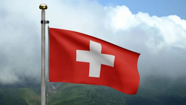 Zwitserland Vlag Wapperend Wind Berg Zwitsers Spandoek Zacht Glad Zijde — Stockfoto