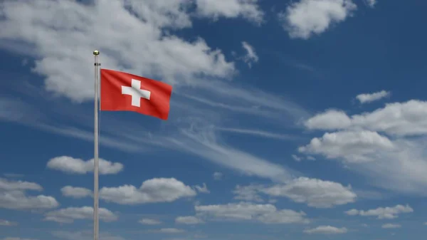 Schweiz Flagga Viftar Vinden Med Blå Himmel Och Moln Schweizisk — Stockfoto