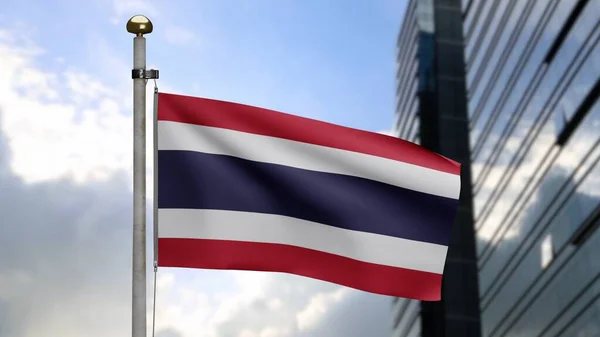 Bandera Tailandesa Ondeando Viento Con Ciudad Rascacielos Moderna Tailandia Banner —  Fotos de Stock