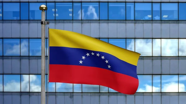 Venezuelan Flag Waving Wind Modern Skyscraper City Close Venezuela Banner — Stock Photo, Image