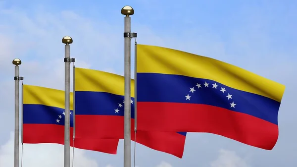 Wenezuelska Flaga Machająca Wietrze Błękitnym Niebem Chmurami Zbliżenie Wenezueli Baner — Zdjęcie stockowe