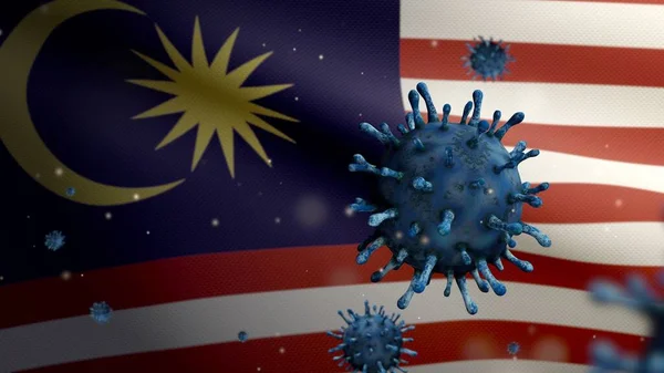 马来西亚国旗飘扬与感染呼吸系统的大肠病毒爆发为危险流感 流感病毒Covid 19型带马来西亚国旗的背景 大流行病概念 — 图库照片