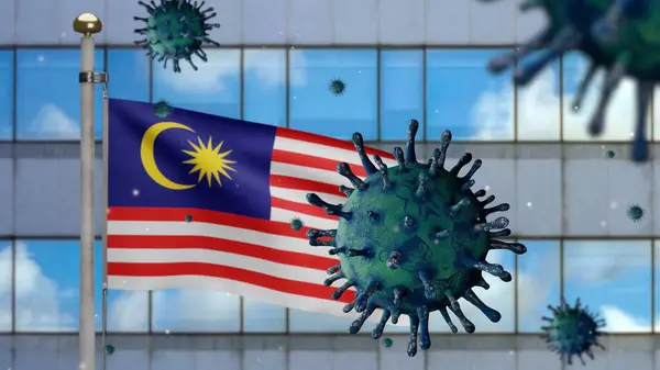 Malezya Bayrağı Dalgalanması Coronavirus 2019 Ncov Konseptli Modern Gökdelen Şehri — Stok fotoğraf