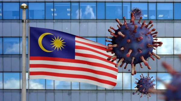 Malezya Bayrağı Modern Gökdelen Şehri Koronavirüs Salgını Tehlikeli Grip Salgını — Stok fotoğraf