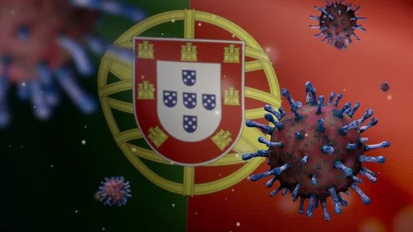 Boyutlu Portekiz Bayrağı Üzerinde Sallanan Grip Koronavirüsü Solunum Yoluna Saldıran — Stok fotoğraf