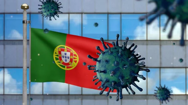 Portugalska Flaga Machająca Nowoczesnym Miastem Drapaczy Chmur Koncepcją Coronavirus 2019 — Zdjęcie stockowe