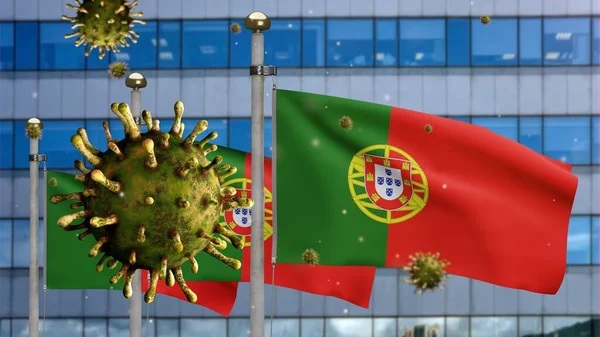 Wirus Grypy Pływający Nad Portugalską Flagą Nowoczesnym Miastem Drapaczy Chmur — Zdjęcie stockowe
