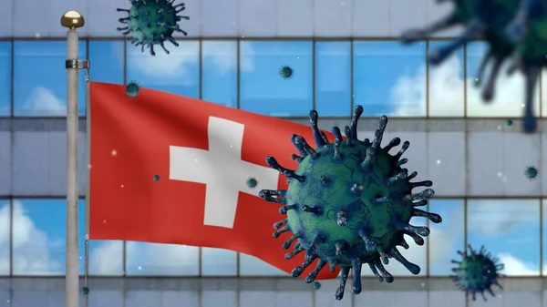 Flu Coronavirus Mengapung Atas Bendera Swiss Dengan Kota Pencakar Langit — Stok Foto