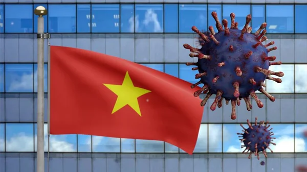 Coronavírus Gripe Flutuando Sobre Bandeira Vietnamita Com Moderna Cidade Arranha — Fotografia de Stock