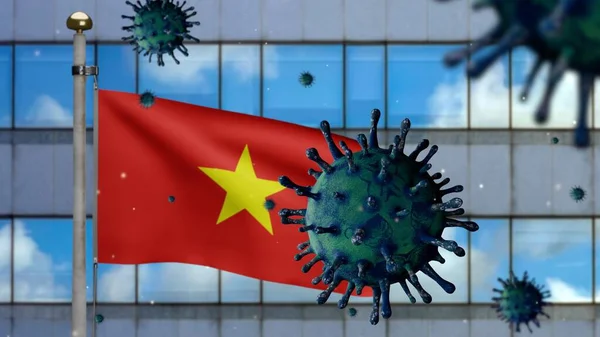 Bandeira Vietnamita Acenando Com Moderna Cidade Arranha Céus Coronavirus 2019 — Fotografia de Stock