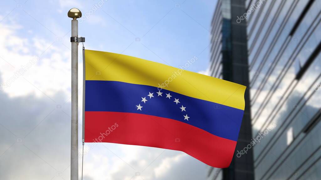 3D, Venezuelan flag waving on wind with modern skyscraper city. Venezuela banner blowing soft silk. Cloth fabric texture ensign background. Use it for national day and country occasions concept.