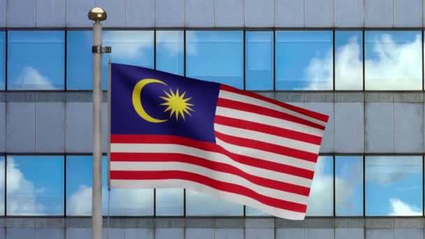 Малайзийский Флаг Размахивающий Ветру Современным Небоскребом Города Малайзийское Знамя Раздувает — стоковое видео