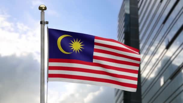 Malaysian Flag Waving Wind Modern Skyscraper City Malaysia Banner Blowing — Stock Video